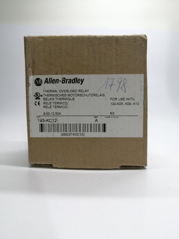 New | Allen-Bradley | 193-KC12 | Miniature Thermal Overload. 9...12.5A. Man/auto. Trip class 10. 1NO-1NC. For use with 100K12